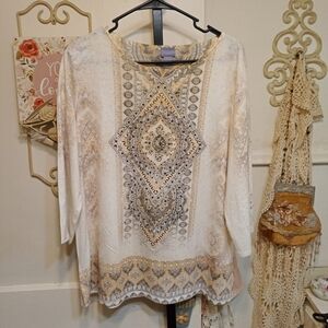 Laura Scott Elegant Cream and Gray Women's Top w/Faux Stone Accents